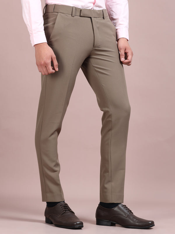 Men's Camel Slim Fit Formal Trousers | Office Wear Stretch Pants