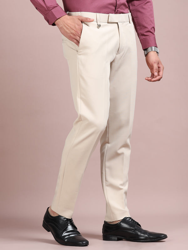 Men's Cream Slim Fit Formal Trousers | Office Wear Stretch Pants