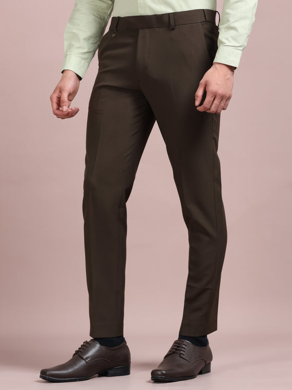 Men's Dark Brown Slim Fit Formal Trousers | Office Wear Stretch Pants