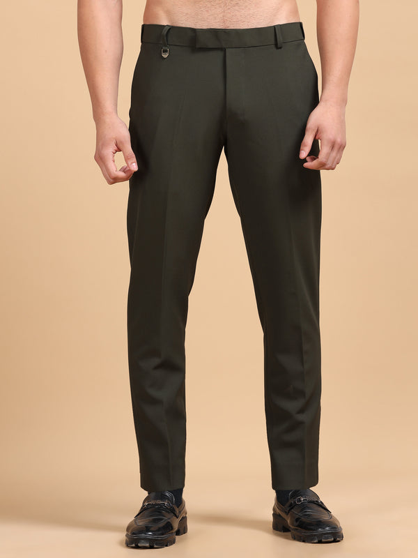 Men's Dark Olive Slim Fit Formal Trousers | Office Wear Stretch Pants