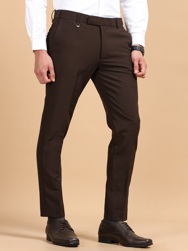 Men's Dark Brown Slim Fit Formal Trousers | Office Wear Stretch Pants