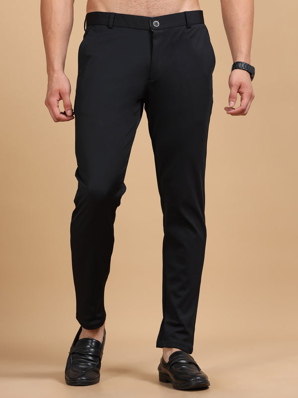 Men's Jet Black Stretch Formal Trousers | Slim & Comfortable Office Wear Pants