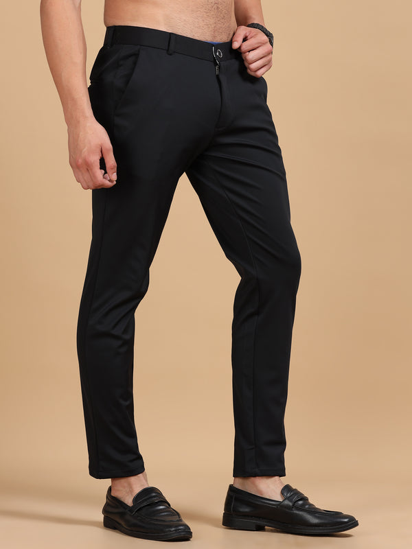 Men's Jet Black Stretch Formal Trousers | Slim & Comfortable Office Wear Pants