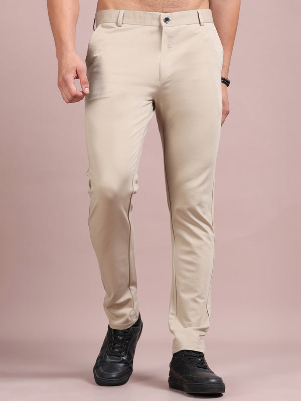 Men's Light Beige Stretch Formal Trousers | Slim & Comfortable Office Wear Pants