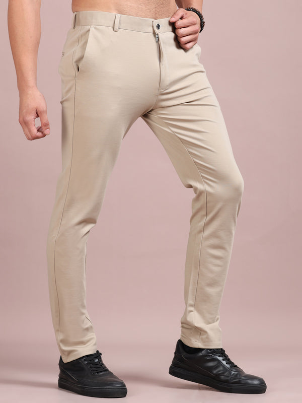 Men's Light Beige Stretch Formal Trousers | Slim & Comfortable Office Wear Pants