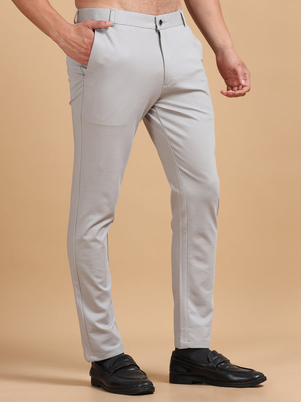 Men's Light Grey Stretch Formal Trousers | Slim & Comfortable Office Wear Pants