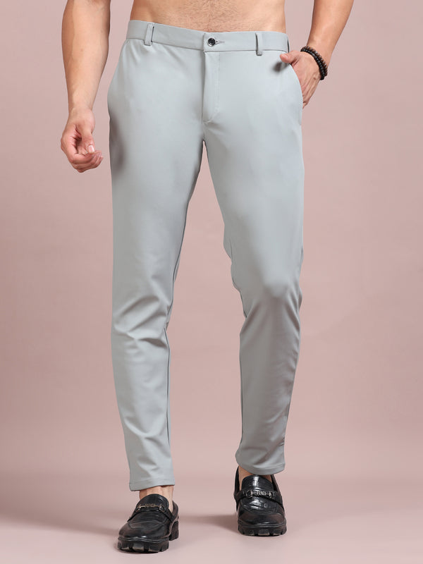 Men's Light Grey Stretch Formal Trousers | Slim & Comfortable Office Wear Pants