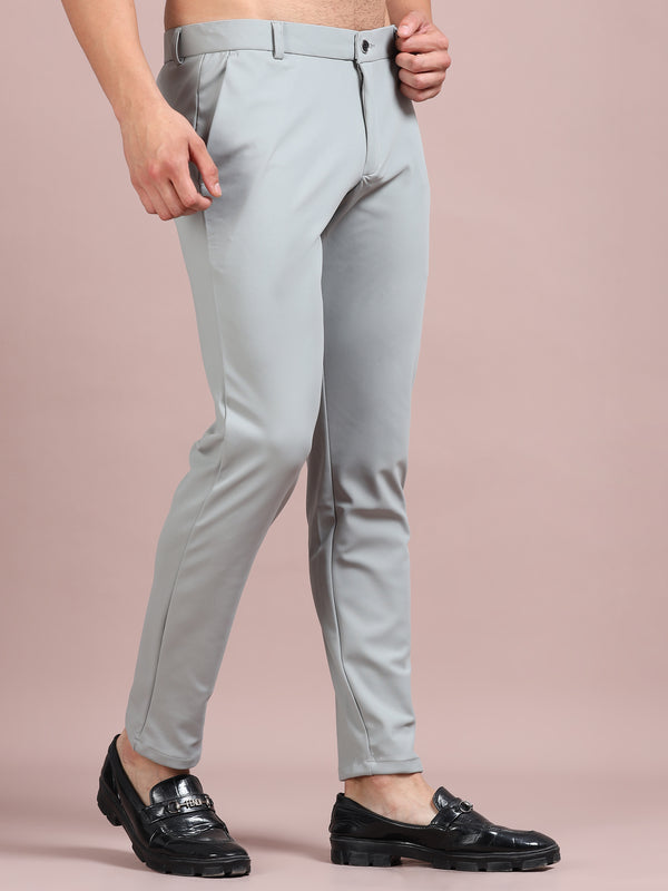 Men's Light Grey Stretch Formal Trousers | Slim & Comfortable Office Wear Pants