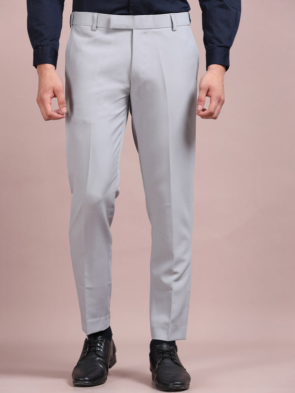 Men's Light Grey Slim Fit Formal Trousers | Office Wear Stretch Pants