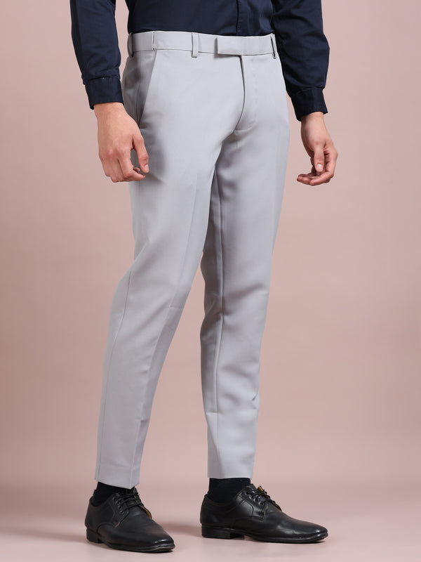 Men's Light Grey Slim Fit Formal Trousers | Office Wear Stretch Pants