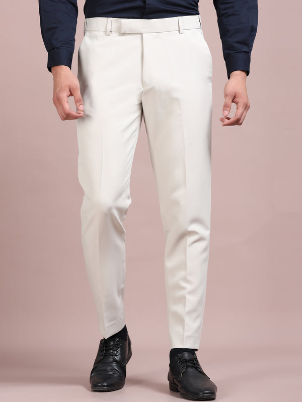 Men's Off White Slim Fit Formal Trousers | Office Wear Stretch Pants