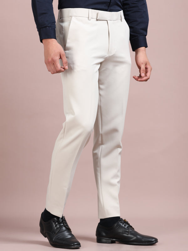 Men's Off White Slim Fit Formal Trousers | Office Wear Stretch Pants